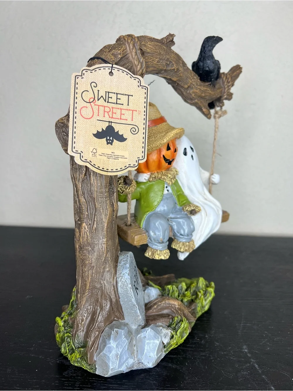 NEW Sweet Street Halloween Pumpkin Scarecrow & Ghost on a Swing Decor